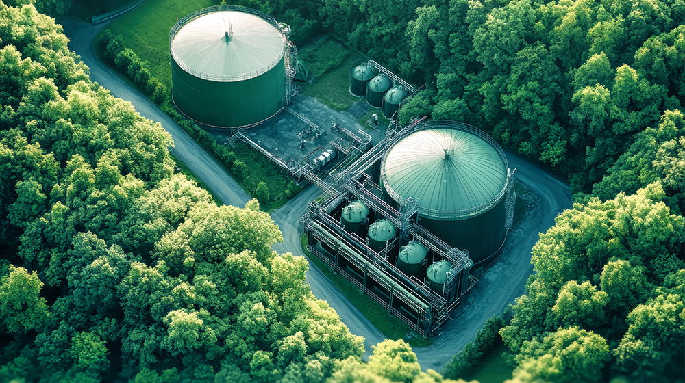 Eine Industrieanlage mit großen runden Tanks liegt eingebettet in einem dichten Wald. Wege und Leitungen verbinden die einzelnen Anlagen.