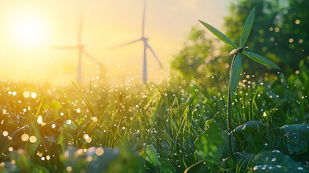 Gräser mit Tautropfen im Sonnenlicht, im Vordergrund ein kleines Windrad. Im Hintergrund stehen große Windkraftanlagen.