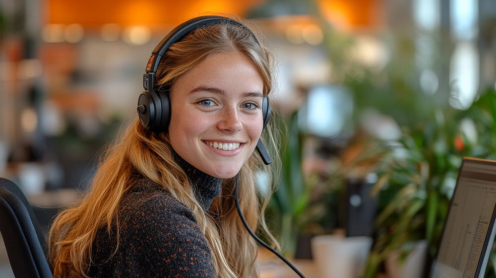 Eine junge Frau mit Headset lächelt an ihrem Arbeitsplatz im Büro. Im Hintergrund sind Pflanzen und weitere Arbeitsplätze unscharf erkennbar.
