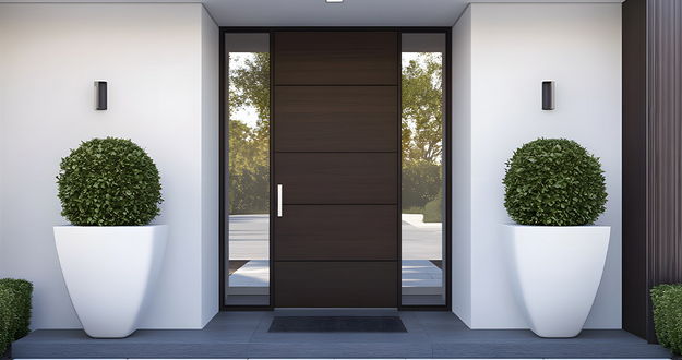 Ein moderner Hauseingang mit großer Holztür und seitlichen Glasflächen. Links und rechts stehen große Pflanzkübel mit runden Sträuchern.