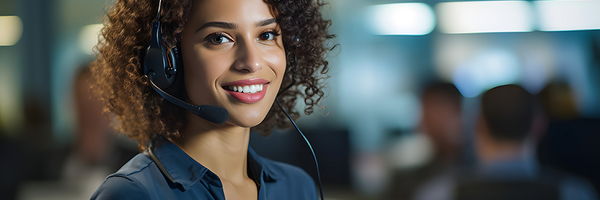 Eine Frau mit Headset lächelt in die Kamera in einem Büro- oder Callcenter-Umfeld. Im Hintergrund sind unscharf weitere Arbeitsplätze zu sehen.