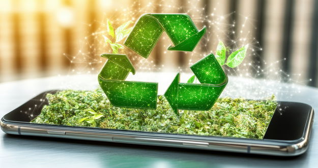 Ein Smartphone zeigt ein grünes Recycling-Symbol, das aus kleinen Pflanzen wächst. Die Darstellung verbindet Technologie mit Nachhaltigkeit.
