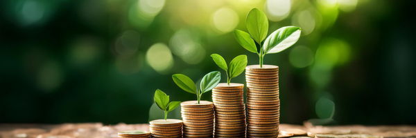 Mehrere gestapelte Münzen mit kleinen grünen Pflanzen darauf, die in der Höhe zunehmen. Der unscharfe Hintergrund zeigt eine natürliche, grüne Umgebung.