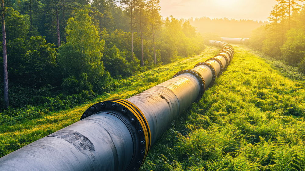 Eine lange Pipeline verläuft durch eine grüne Landschaft mit Gras und Bäumen. Warmes Sonnenlicht fällt über die Szene und beleuchtet den Verlauf der Leitung.