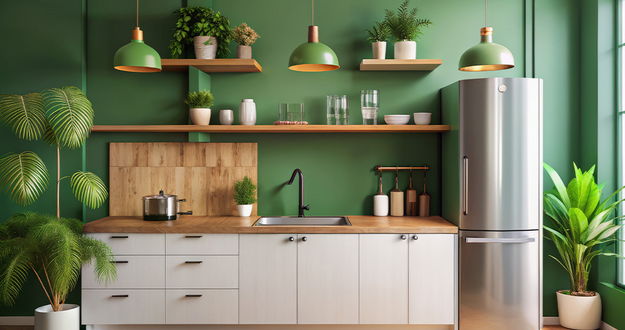 Eine moderne Küche mit grüner Wand, Holzarbeitsfläche und vielen Pflanzen. Helle Schränke und ein Edelstahlkühlschrank ergänzen die Einrichtung.