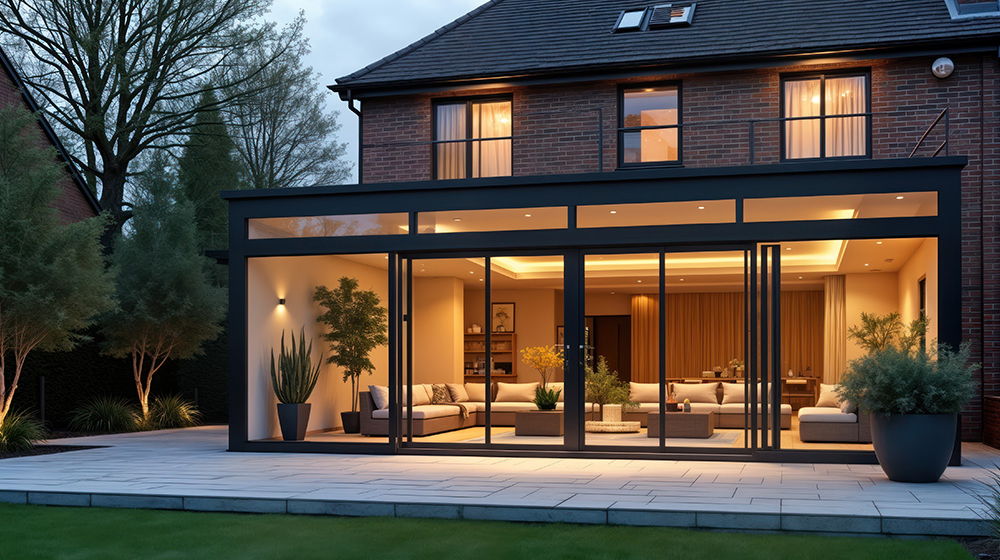 Ein modernes Einfamilienhaus mit großer Glasfront und beleuchtetem Wohnbereich bei Dämmerung. Vor dem Haus liegt eine Terrasse mit Garten.