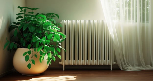 Ein Heizkörper steht neben einer großen Zimmerpflanze in einem hellen Raum mit Holzboden. Sonnenlicht fällt durch einen Vorhang und beleuchtet die Szene.