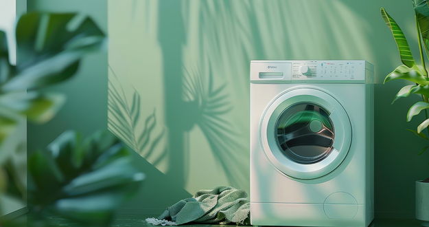 Eine Waschmaschine steht in einem hellen Raum mit grünen Wänden und Pflanzen. Sonnenlicht wirft weiche Schatten auf die Szene.