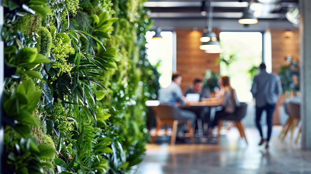 Eine grüne Pflanzenwand in einem modernen Büro im Vordergrund. Im Hintergrund sitzen mehrere Personen an einem Tisch in einem Besprechungsbereich.
