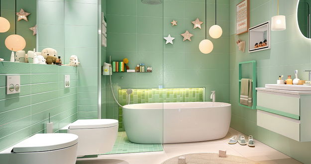 Ein modernes Badezimmer in Grüntönen mit freistehender Badewanne, Dusche und WC. Dekorative Elemente wie Sterne, Pflanzen und warme Beleuchtung sorgen für eine gemütliche Atmosphäre.