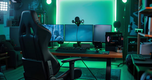 Ein Gaming- oder Streaming-Arbeitsplatz mit mehreren Monitoren, Mikrofon und PC auf einem Schreibtisch. Grünes LED-Licht beleuchtet den Raum, vor dem Setup steht ein schwarzer Gaming-Stuhl.