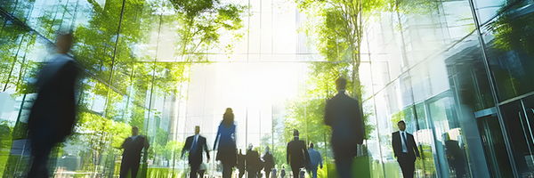 Menschen gehen durch ein modernes, lichtdurchflutetes Gebäude mit Glasfassaden und Bäumen im Innenbereich. Die Szene wirkt geschäftig und urban.