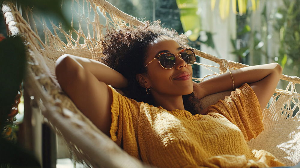 Eine Frau liegt entspannt in einer Hängematte und trägt eine Sonnenbrille. Die Szene ist von warmem Licht und Pflanzen umgeben.